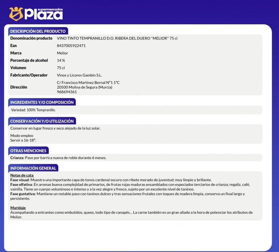 VINO TINTO ROBLE D.O. RIB.DUERO, 750ML MELIOR