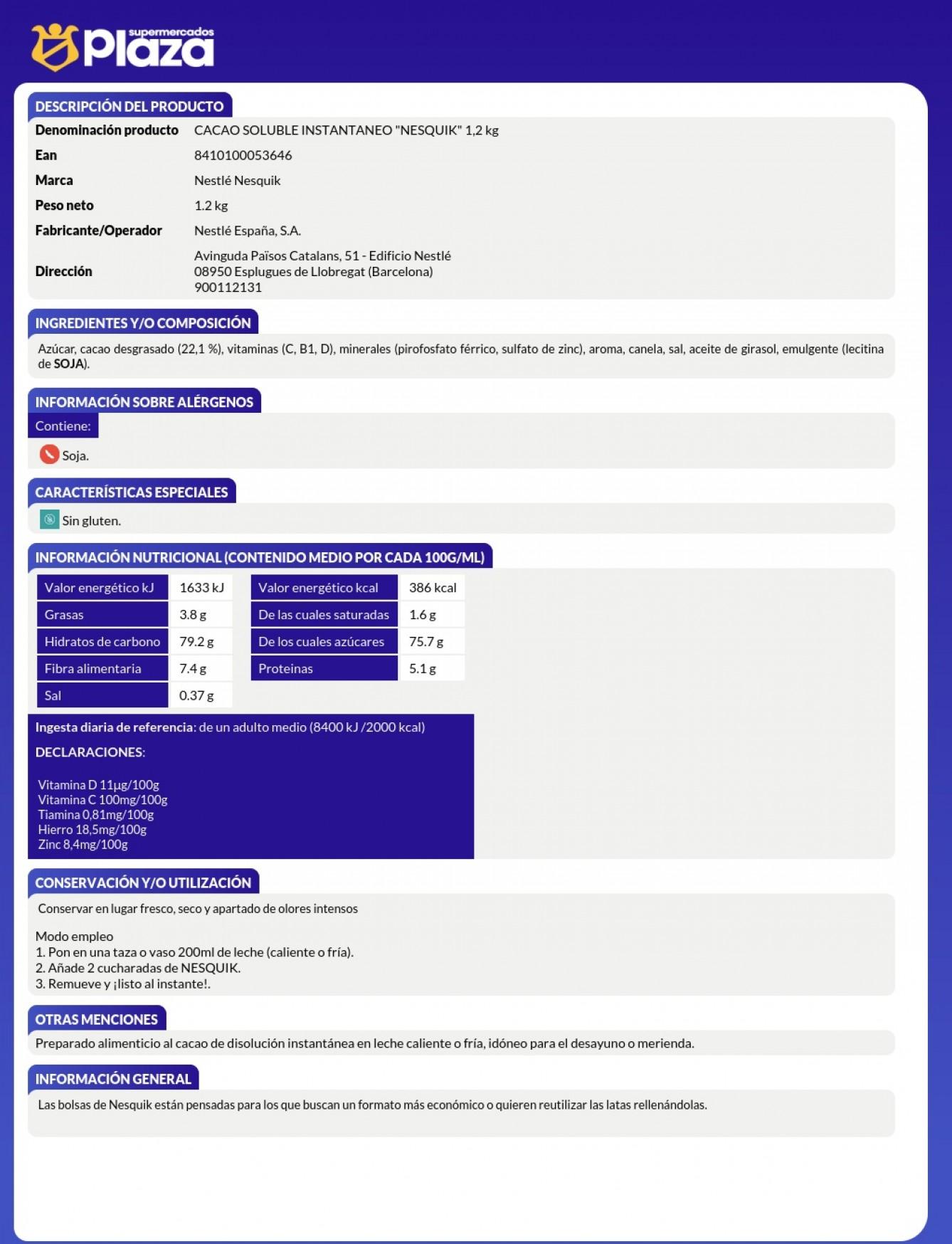 CACAO INSTANTANEO SIN GLUTEN , 1KG NESQUIK