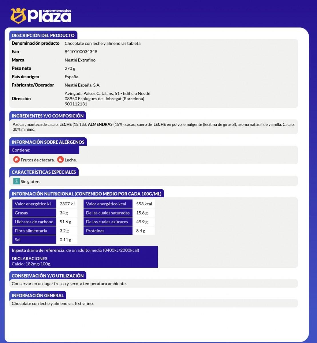 CHOCOLATE EXTRAFINO ALMENDRA, 250GR NESTLE