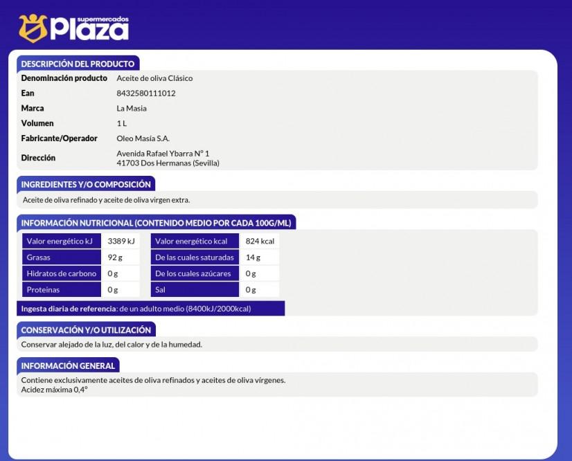 ACEITE DE OLIVA SUAVE, 1L LA MASIA