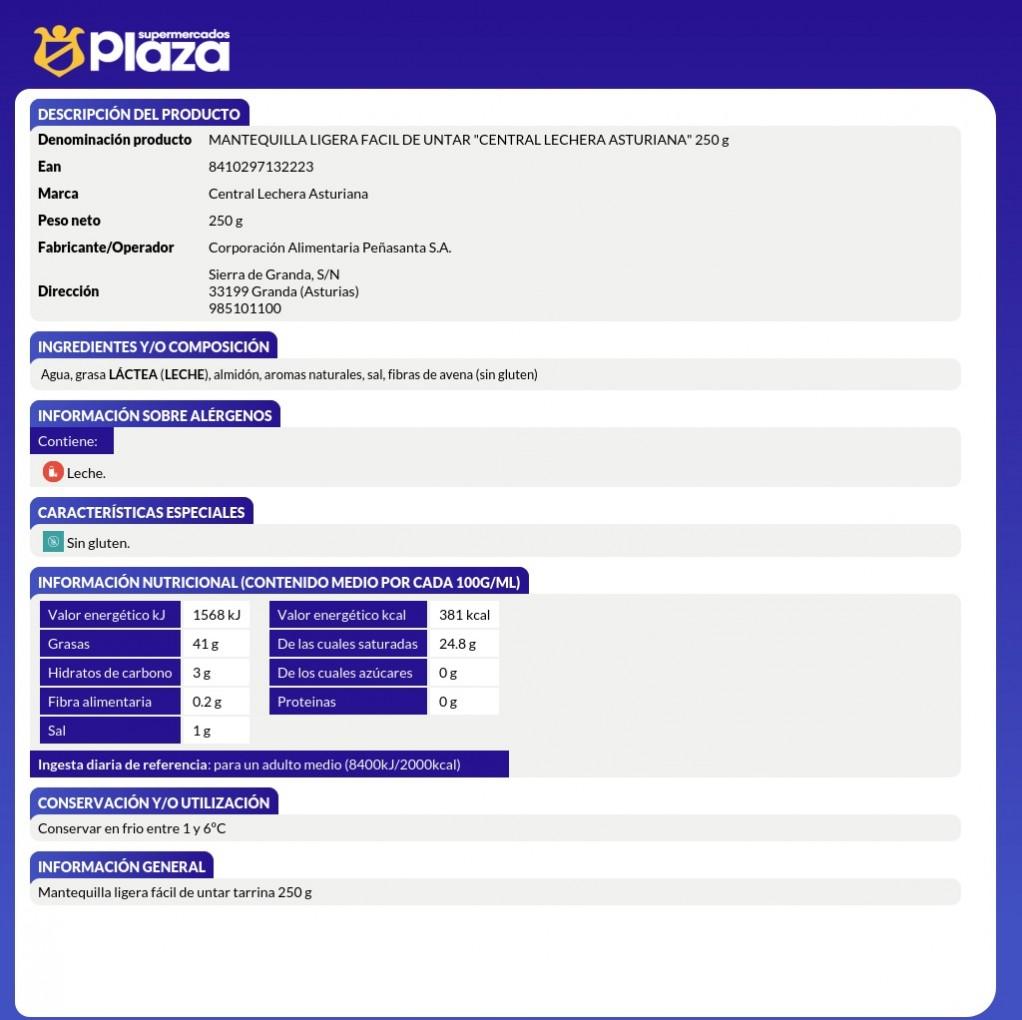 MANTEQUILLA LIGERA FACIL DE UNTAR, 250G ASTURIANA