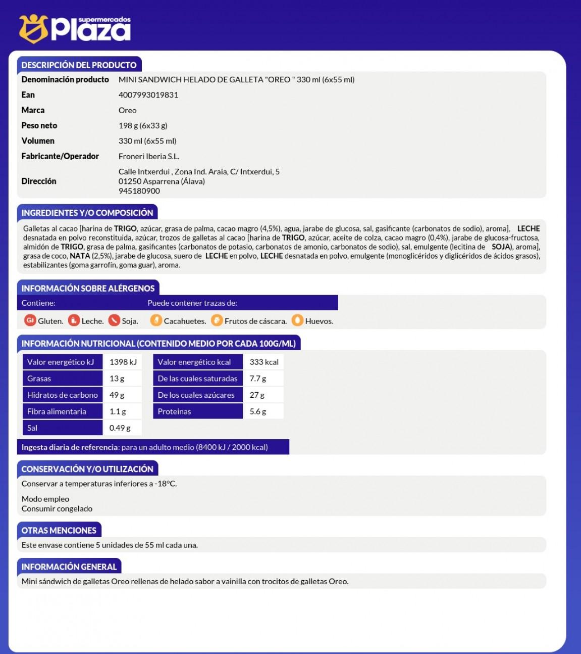 MINI SANDWICH HELADO DE GALLETA OREO 6X55ML FRIGO