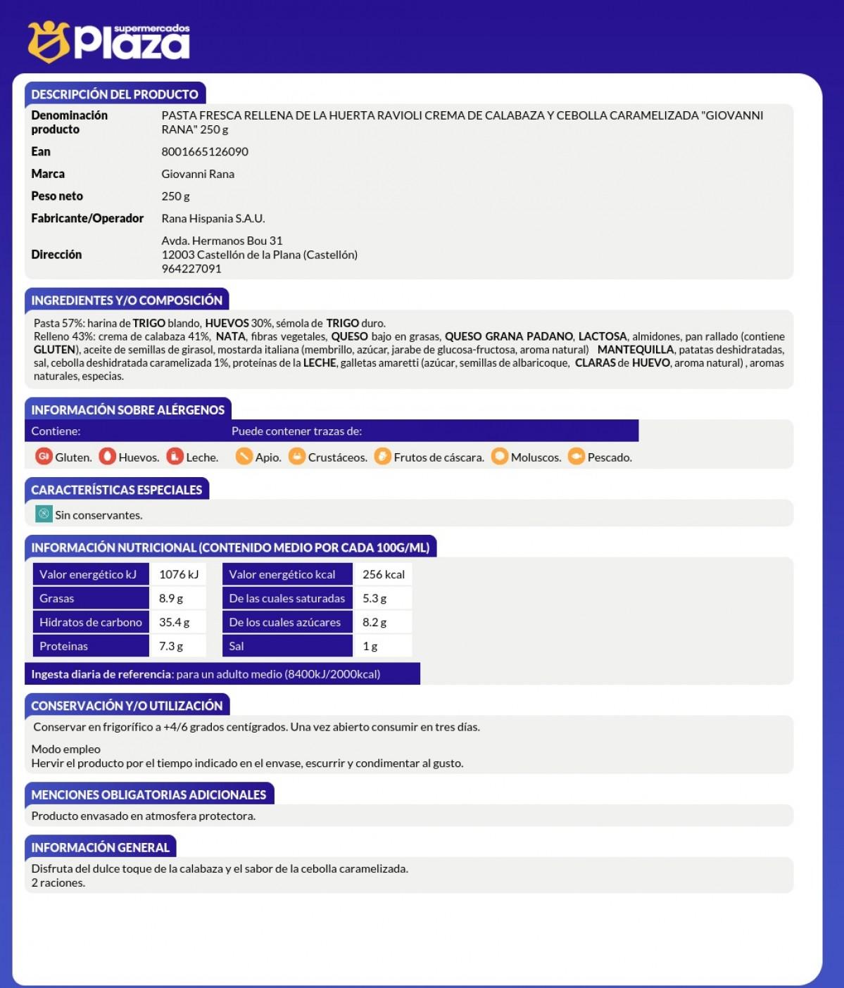 RAVIOLI RELLENO CALABAZA Y CEBOLLA CARAM. 250G RANA